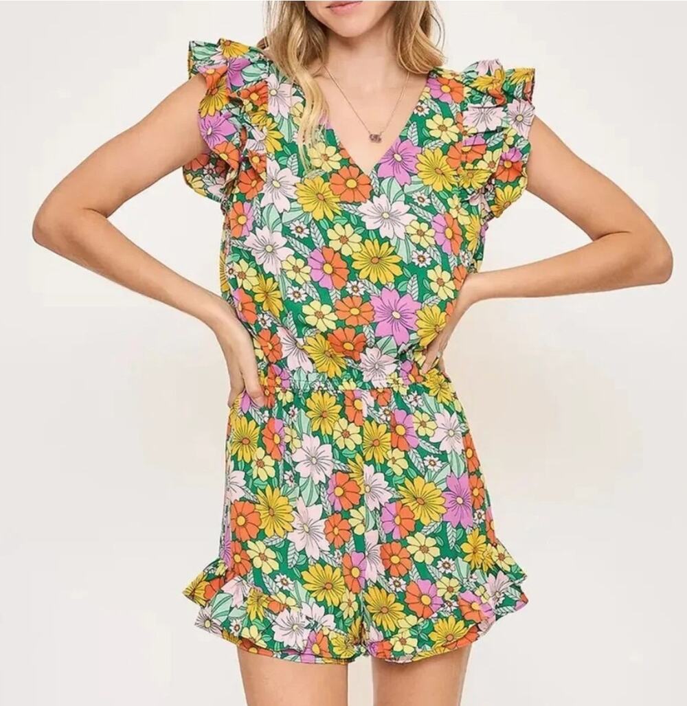 Umgee Womens M Multi Floral Boho Flutter Sleeve Lightweight Romper NWT